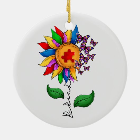 Seien Sie freundlich Sonnenblumen- Autismus-Bewuss Keramik Ornament (Hinten)