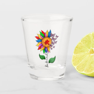 Seien Sie freundlich Sonnenblumen- Autismus-Bewuss Schnapsglas