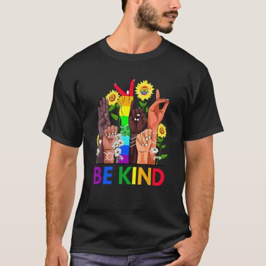 Seien Sie freundlich und sprechen Sie LGBTQ+ Gay L T-Shirt (Vorderseite)
