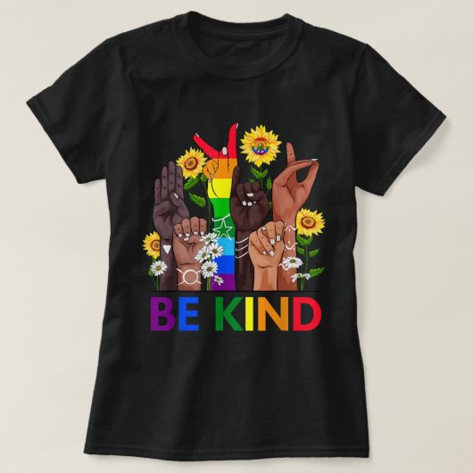 Seien Sie freundlich und sprechen Sie LGBTQ+ Gay L T-Shirt (Design vorne)