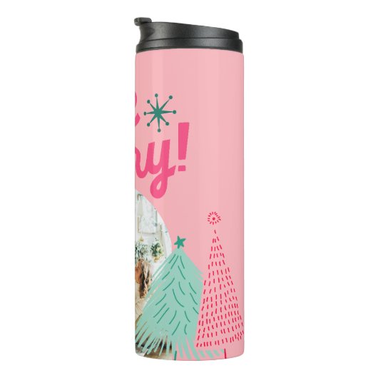 Seien Sie froh, Pink Scribble Holiday Tree Arched  Thermosbecher (Nach rechts gedreht)