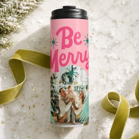 Seien Sie froh, Pink Scribble Holiday Tree Arched  Thermosbecher