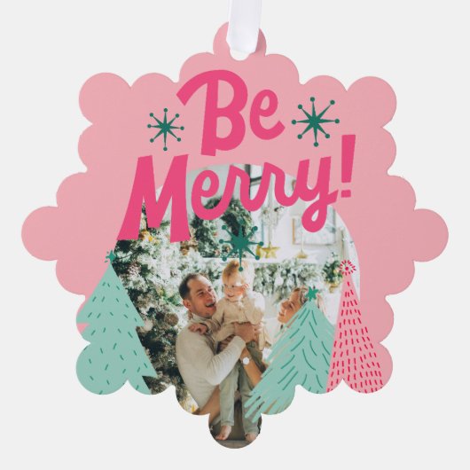 Seien Sie froh, Pink Scribble Tree Arched Foto Ornament Karte (Vorderseite)