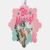 Seien Sie froh, Pink Scribble Tree Arched Foto Ornament Karte (Linke Ecke)