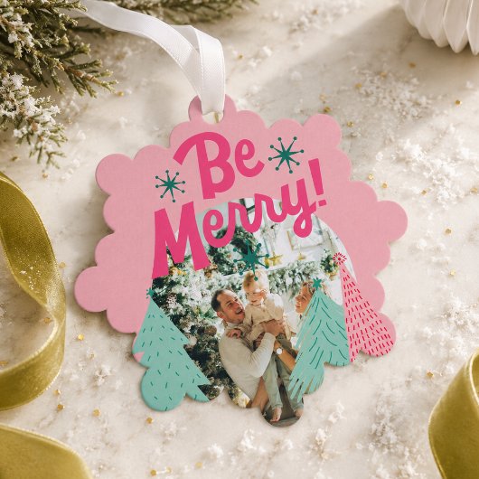 Seien Sie froh, Pink Scribble Tree Arched Foto Ornament Karte