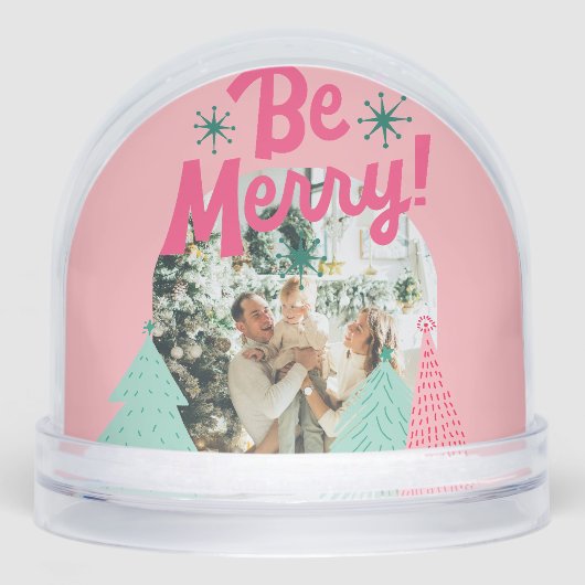 Seien Sie froh, Pink Scribble Tree Arched Foto Schneekugeln (Vorderseite)