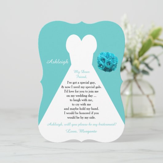 Seien Sie mein Brautjungfraukleid auf Aqua Einladung (Stehend Vorderseite)