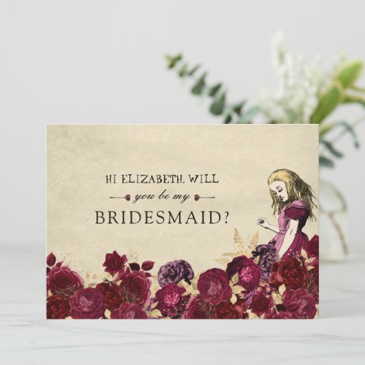 Seien Sie meine Bridesmaid Blumenrote Alice im Wun Einladung (Stehend Vorderseite)