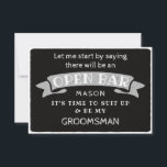 Seien Sie meine Trauzeuge Card - Funny Open Bar Dankeskarte<br><div class="desc">Pop die Frage mit dieser humorvollen und charmanten Flachkarte. Personalisieren Sie die Vorderseite mit seinem Namen und die Rückseite mit Ihrer persönlichen Nachricht. Editieren Sie einfach den Namen und die Nachricht auf der Rückseite, wählen Sie eine Menge "1" und fügen Sie zum Warenkorb. Erstellen Sie personalisierte Karten für die gesamte...</div>