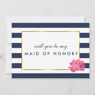 Seien Sie meine Trauzeugin Navy Strip Pink Peony Einladung