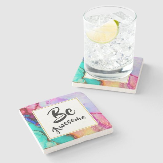 Seien Sie Phantastisch, rosa und türkisfarben, Abs Steinuntersetzer (Seitenansicht)