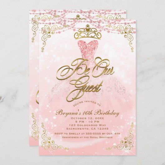 Seien Sie unsere Princess Pink & Gold Sweet 16 Par Einladung (Vorne/Hinten)