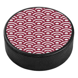 Seigaiha, Waves, Japanese, Burgundy and White Eishockey Puck