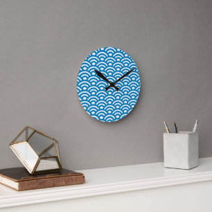 Seigaiha, Wellen, Japanisch, Blau und Weiß Runde Wanduhr