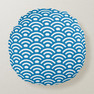 Seigaiha, Wellen, Japanisch, Blau und Weiß Rundes Kissen