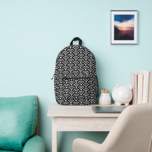 Seigaiha, Wellen, Japanisch, Schwarz und Weiß Bedruckter Rucksack
