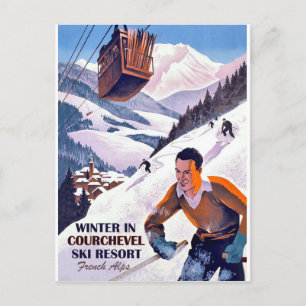 Seilbahn über Courcheval, Mann auf Skiern, Vintage Postkarte