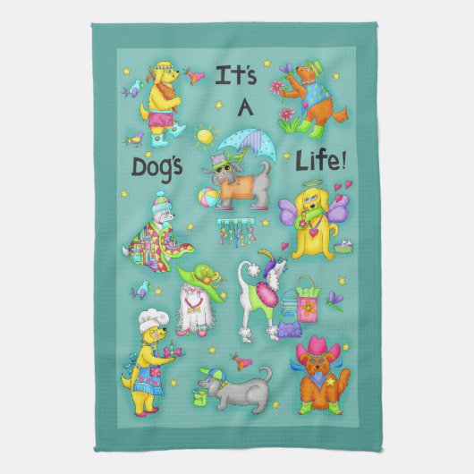 Sein a Hunde Life Whimsy Funny Hunde Aquamarin Tür Geschirrtuch (Vertikal)