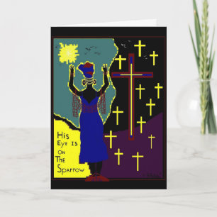 SEIN AUGE IST AUF DER SPATZEN-GRUSS-KARTE KARTE