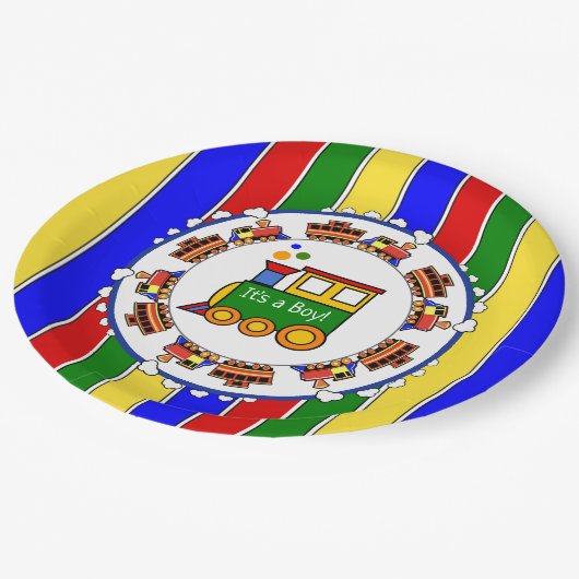 Sein Junge, Choo Choo Train Baby Dusche Party Pappteller (Schrägansicht)