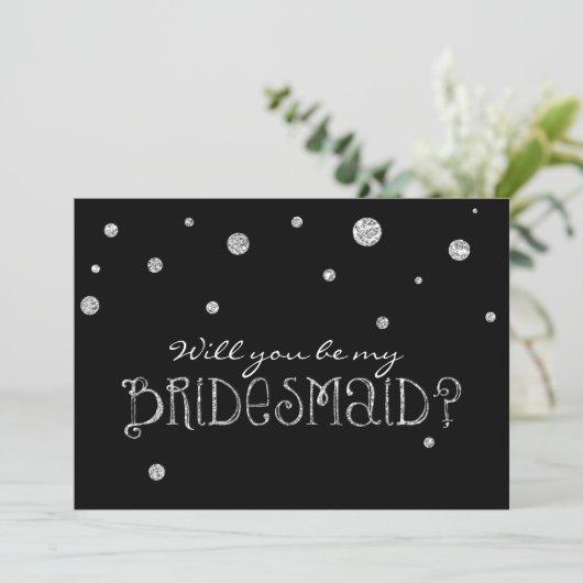 SEIN SIE MEIN BRIDESMAID Black Silver Glitzer Mode Einladung (Stehend Vorderseite)