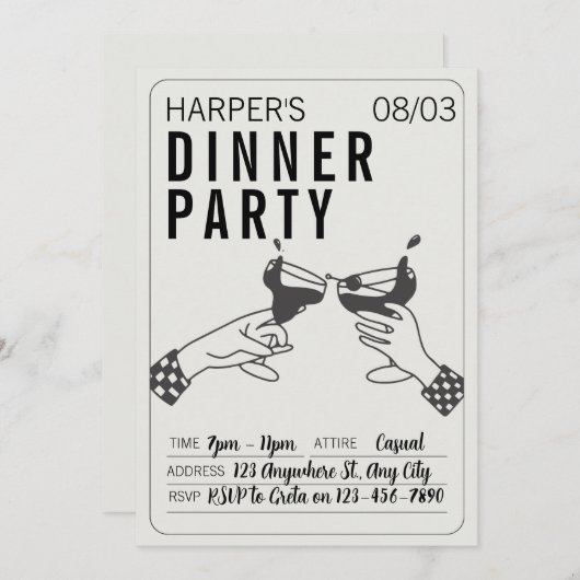 Sein und Schwarzer Retro Illustration Abendessen P Einladung (Vorne/Hinten)