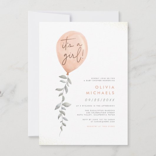 Seine A Girl Eucalyptus Greenery Balloon Baby Dusc Einladung (Vorderseite)