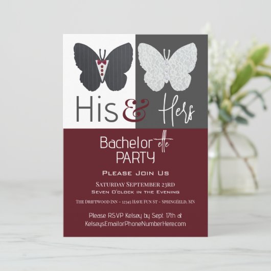 Seine & ihre Schmetterlinge Bachelor+ette Party Einladung (Stehend Vorderseite)