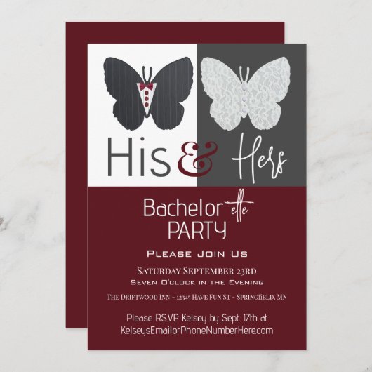 Seine & ihre Schmetterlinge Bachelor+ette Party Einladung (Vorne/Hinten)