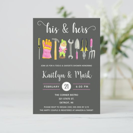 Seine & ihre Tools und Gadgets Brautparty Einladung (Stehend Vorderseite)