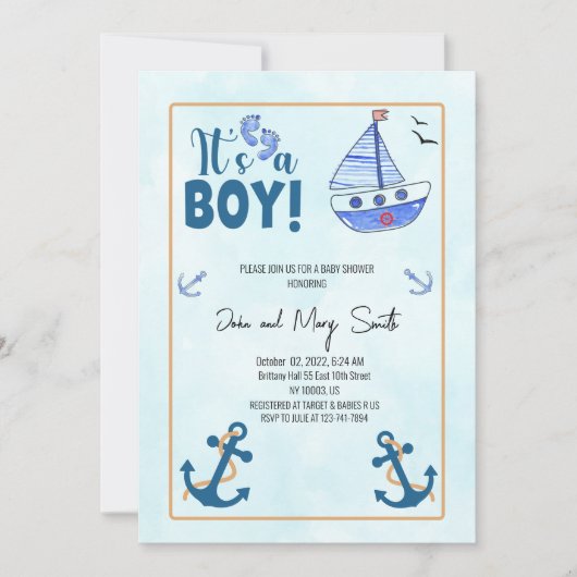seine junge Geburt Nautical Sailboat Babydusche Einladung (Vorderseite)