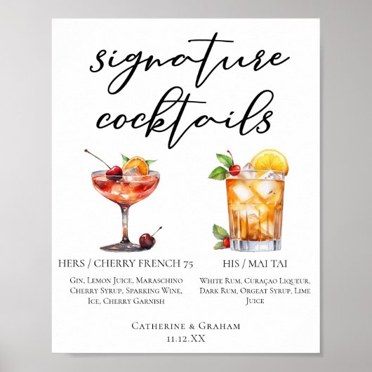 Seine sommerliche Hochzeitssignatur Cocktails Menu Poster (Vorne)
