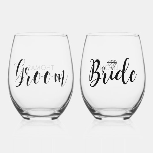 Seine und ihre "Groom and Bride" Personalisiert Weinglas Ohne Stiel (Vorderseite)