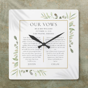 Seine und ihre Hochzeitsleute Vows Grünfoliage Quadratische Wanduhr