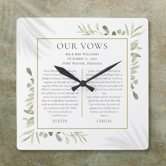 Seine und ihre Hochzeitsleute Vows Grünfoliage Quadratische Wanduhr