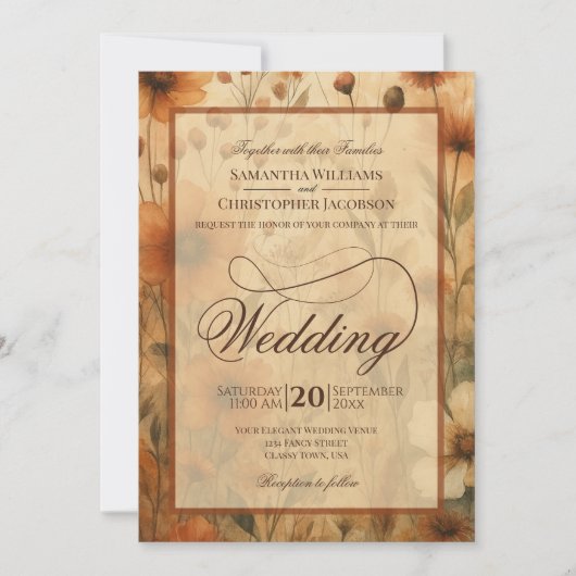 Seinna Boho Wildflowers Fancy Script Wedding Einladung (Vorderseite)