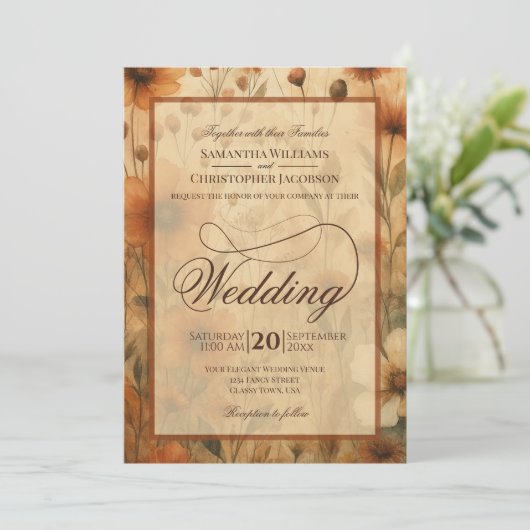 Seinna Boho Wildflowers Fancy Script Wedding Einladung (Stehend Vorderseite)