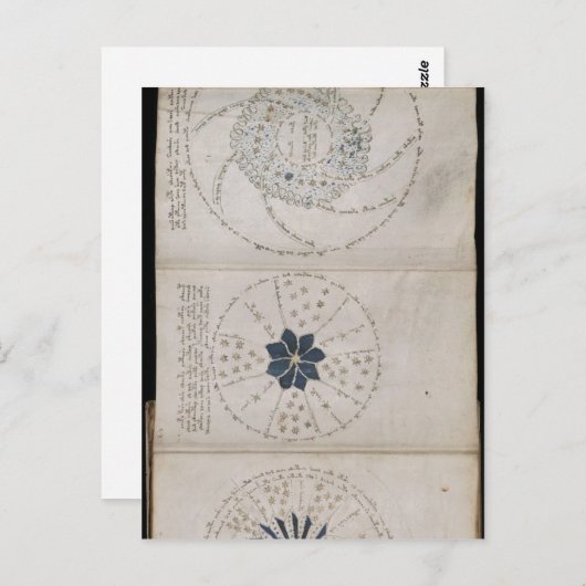 Seite 68r des Voynich-Manuskripts. Dieser Dreipag Postkarte (Vorne/Hinten)