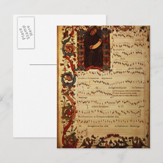 Seite der musikalischen Notation mit geschichteter Postkarte (Vorne/Hinten)