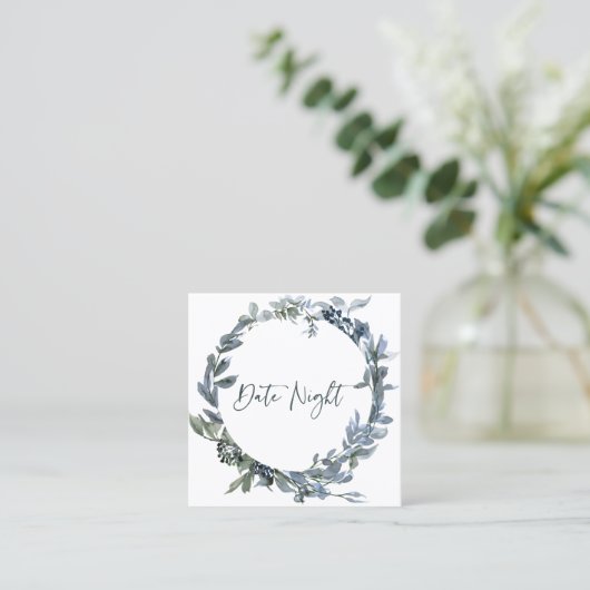 Seite Silver Green Floral Date Night Card Quadratische Visitenkarte (Stehend Vorderseite)