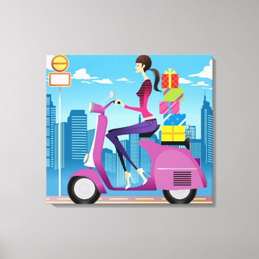 Seitenansicht der Frau mit Geschenken auf Roller Leinwanddruck (Vorderseite)