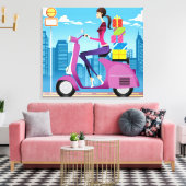 Seitenansicht der Frau mit Geschenken auf Roller Leinwanddruck (Insitu (Wohnzimmer))
