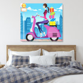 Seitenansicht der Frau mit Geschenken auf Roller Leinwanddruck (Insitu (Schlafzimmer))