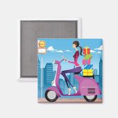 Seitenansicht der Frau mit Geschenken auf Roller Magnet (Vorderseite/Rückseite)