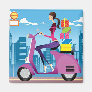 Seitenansicht der Frau mit Geschenken auf Roller Magnet