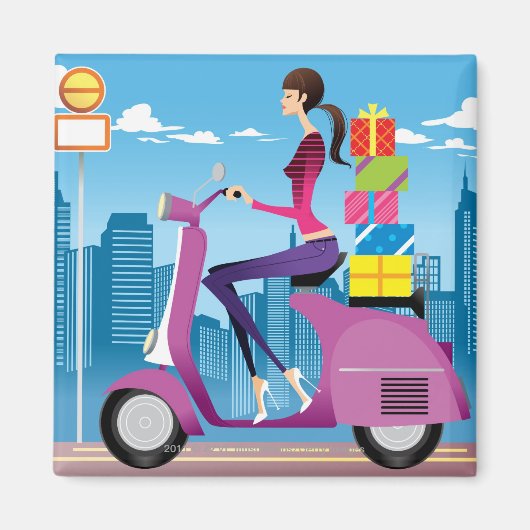 Seitenansicht der Frau mit Geschenken auf Roller Magnet (Vorne)