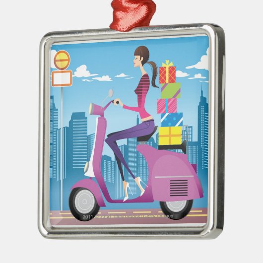 Seitenansicht der Frau mit Geschenken auf Roller Ornament Aus Metall (Links)