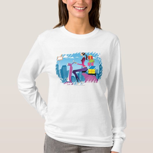 Seitenansicht der Frau mit Geschenken auf Roller T-Shirt (Vorderseite)