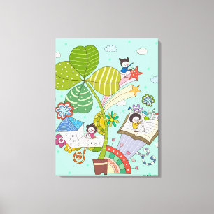 Seitenansicht der Kinder, die an getöpfter Pflanze Leinwanddruck