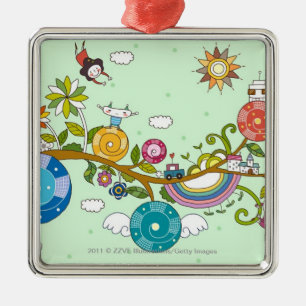 Seitenansicht der Kinder, die auf Baumast spielen Silbernes Ornament